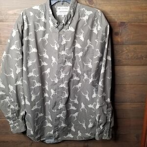 Columbia Sportswear Y2k Buck Deer Print Green Tan Sz XL Long Sleeve Button Up